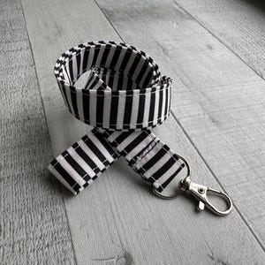 Black & White Stripe Lanyard - Pick Your Length - Optional Breakaway Clasp - Cotton Fabric - Key / ID / Badge Holder