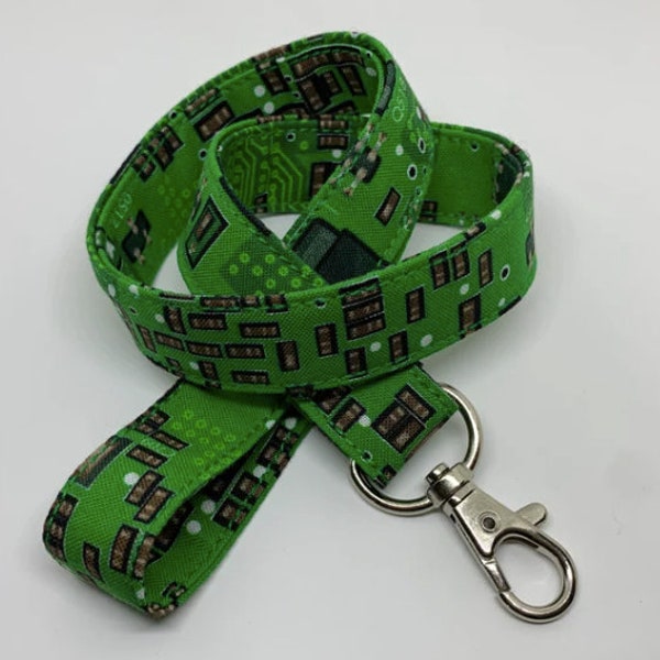 Computer Circuit Board Lanyard - Pick Your Length - Optional Breakaway Clasp - Cotton Fabric - Key / ID / Badge Holder