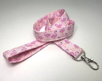 Flamingo Lanyard - Optional Breakaway Clasp - Cotton Fabric - Key / ID / Badge Holder - Choose Your Length