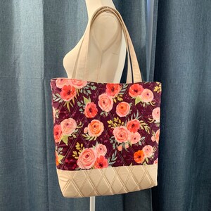 Purple & Pink Florals Tote Bag - 100% Cotton Quilted Fabric - Modern - Work - Travel - School - Gym - Beach