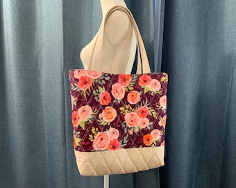 Purple & Pink Florals Tote Bag - 100% Cotton Quilted Fabric - Modern - Work - Travel - School - Gym - Beach