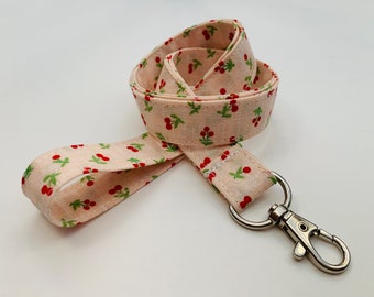 Mini cordon de cerises - Choisissez votre longueur - Fermoir détachable en option - Tissu en coton - Clé / ID / Porte-badge