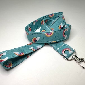 Rainbow Clouds Lanyard: Cotton Fabric Key/ID Badge Holder