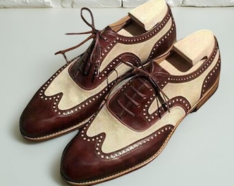 Męskie, ręcznie robione, brązowe, skórzane buty typu Oxford z zapięciem typu brogs, klasyczne, dwukolorowe, eleganckie buty