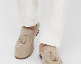 Men's Beige Suede Tassel Loafers Handmade Slip On Dress Shoes Classic Casual Formal Footwear