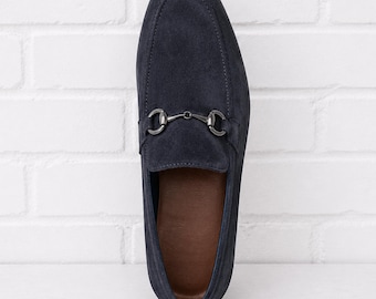 Mocassins à mors en daim bleu marine pour hommes, chaussures habillées faites à la main, chaussures de luxe