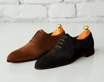 Men's Suede Dress Shoes Handmade Lace Up Shoes Black Brown Formal Wedding Footwear