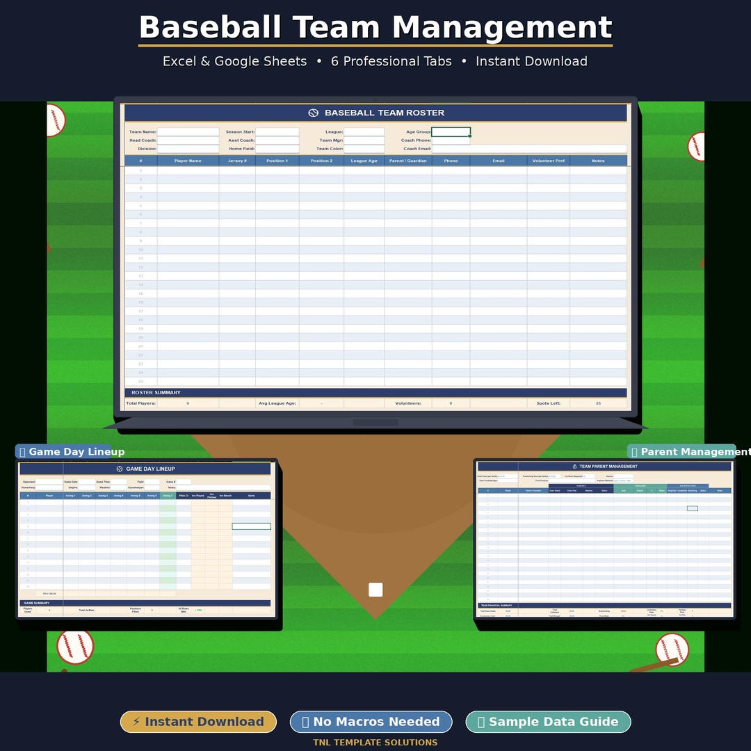 Baseball Team Management Spreadsheet – Roster, Lineup, Parent Tracker ...