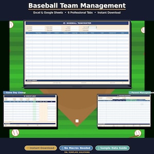 Könnte beinhalten: Eine digitale Baseball-Team-Management-Vorlage mit Baseballfeld-Hintergrund. Der Hauptbildschirm zeigt eine Liste mit zusätzlichen Registerkarten für die Spieltagsaufstellung und das Elternmanagement. Text enthält "Baseball Team Management" und "Instant Download."