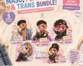 Masc Femme Trans Pride Bundle, 5 Unique Character PNG Designs (Digital Download)
