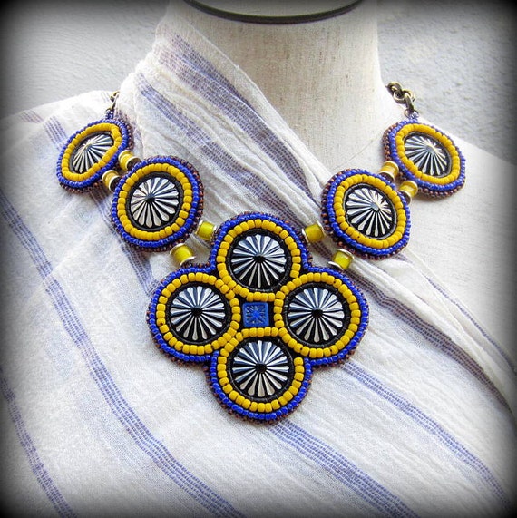Items similar to Embroidered Black And White Medallion NecklaceLet's