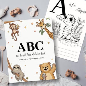 Può includere: Un libro dell'alfabeto per bambini con il titolo "ABC our baby's first alphabet book". L'immagine mostra due pagine aperte, una con la lettera "A" e un alligatore, e l'altra con illustrazioni di scimmia, giraffa, bradipo e orso.