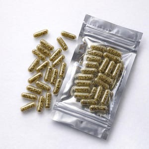 May include: A top-down view displays several olive-green capsules, some loose and others contained within a silver, sealed pouch. The capsules are transparent, showing a granular substance inside. The background is plain white.