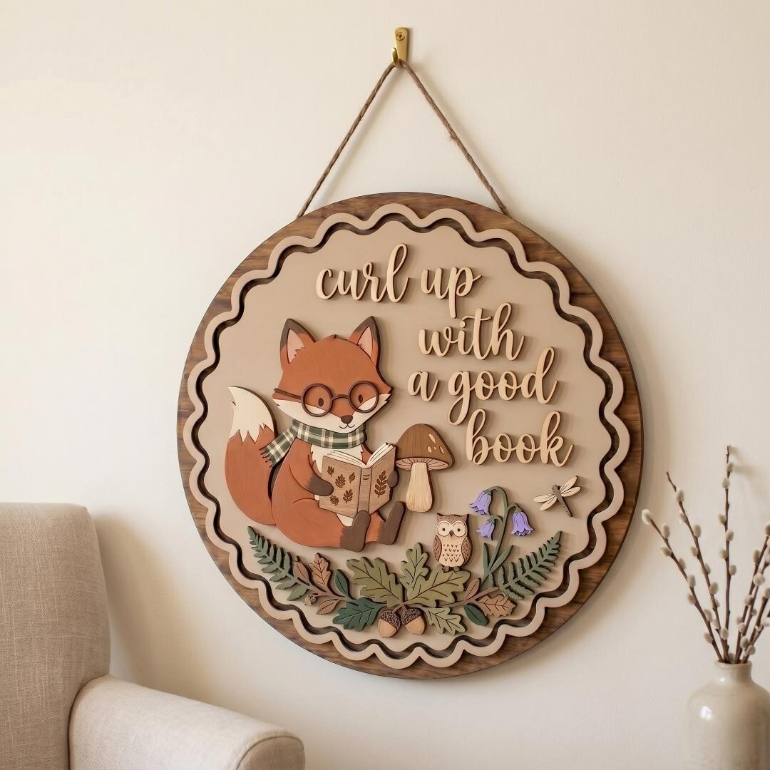 Wooden Reading Nook Sign, Curl up With A Good Book Wall Art, Woodland ...
