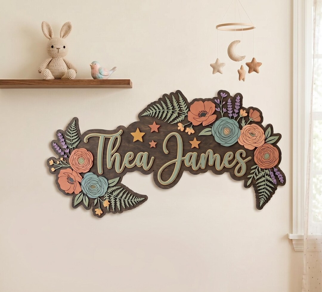 Personalized Floral Nursery Name Sign 3D Wood Flower Wall Art Boho Baby ...