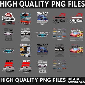 May include: A collection of high-quality digital PNG files featuring various automotive designs, including illustrations of Nissan Skyline GT-R R34, Porsche 911 GT3 RS, Lamborghini Aventador, McLaren GTR, and Chevy trucks, alongside brand logos and technical line art.