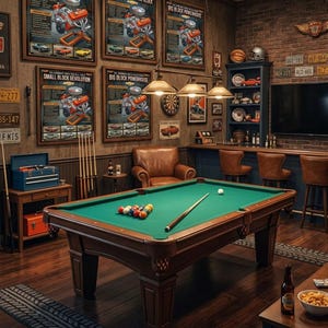 May include: A billiards room with a green felt pool table, cue sticks, and a rack of billiard balls. The room features vintage car posters, a bar, and a seating area. The room has a dark wood floor and a tire track rug.