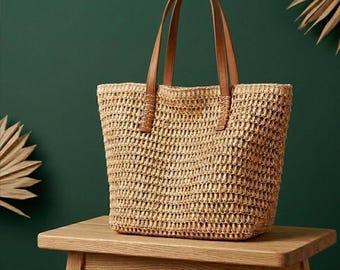 Bolso tote de paja tejida · Bolso de playa de rafia con asas de cuero · Bolso tote de playa bohemio de verano · Bolso tejido natural