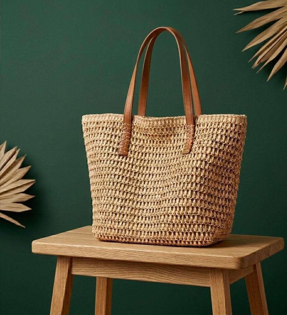 Woven Straw Tote Bag · Raffia Beach Bag Leather Handles · Boho Summer ...