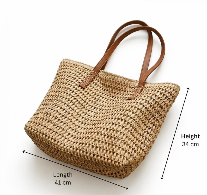 Woven Straw Tote Bag · Raffia Beach Bag Leather Handles · Boho Summer ...