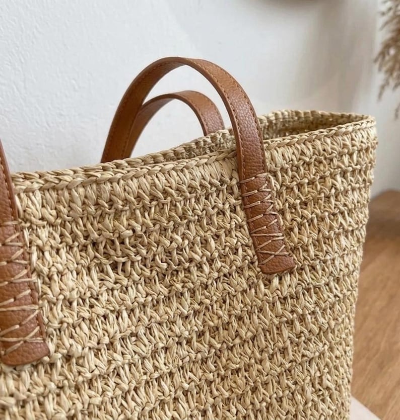 Woven Straw Tote Bag · Raffia Beach Bag Leather Handles · Boho Summer ...