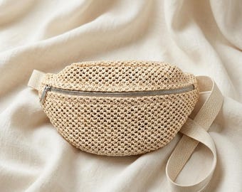 Banana Bag Raffia · Woven Straw Fanny Pack · Boho Belt Bag · Crochet Waist Bag · Summer Beach Crossbody