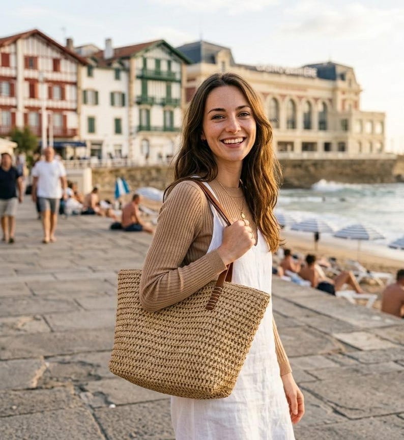 Woven Straw Tote Bag · Raffia Beach Bag Leather Handles · Boho Summer ...