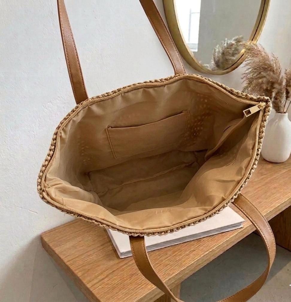 Woven Straw Tote Bag · Raffia Beach Bag Leather Handles · Boho Summer ...