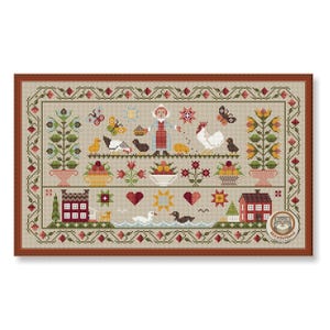 May include: Cross-stitch sampler depicting a rural scene with a woman, birds, butterflies, houses, and floral elements. The design is framed with a brown border and detailed patterns in various colours.