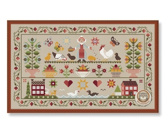 May include: Cross-stitch sampler featuring a pastoral scene with a woman, birds, butterflies, houses, and floral elements. The design is framed with a brown border and intricate patterns in various colors.