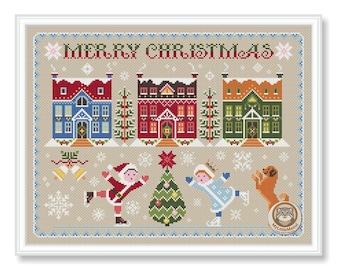 May include: A cross-stitch pattern featuring the text MERRY CHRISTMAS, three colorful houses, two figures ice skating, a decorated Christmas tree, a dog, and bells on a beige background. The design includes snowflakes and a decorative border.