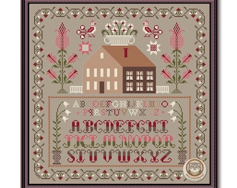 May include: Cross-stitch sampler with a house, flowers, birds, and an alphabet. The design features a two-story house with a red roof, surrounded by floral and geometric patterns in shades of pink, green, and brown. The alphabet is stitched in red.
