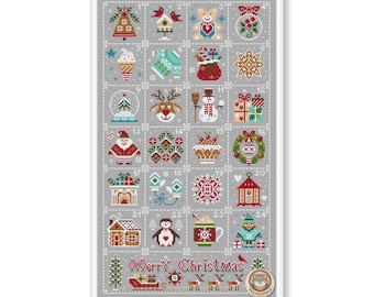 May include: A framed, cross-stitch advent calendar with a gray background and a grid of 24 squares, each featuring a different Christmas-themed design. Designs include a Christmas tree, snowman, Santa, and the text "Merry Christmas".