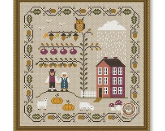 May include: Cross-stitch sampler in a gold frame. The design features a house, figures, sheep, pumpkins, and an owl. The color palette includes shades of brown, red, and beige. The sampler has a folk art style.
