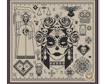 May include: Black and beige cross-stitch pattern featuring a Day of the Dead theme. The design includes a skull, roses, a grim reaper, and other symbolic elements. The artwork is framed in a dark brown wooden frame.