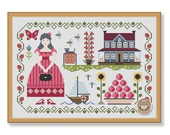 May include: Cross-stitch sampler featuring a woman in a pink dress, a house, a sailboat, sunflowers, and a basket of apples. The design includes a butterfly, bees, and floral accents, all within a decorative border. The artwork is framed in a wooden frame.