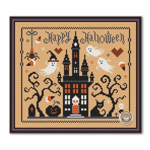 May include: Cross-stitch design with a Halloween theme. The image features a black haunted house, ghosts, a black cat, and the words "Happy Halloween." The color palette includes black, orange, white, and tan, creating a spooky and festive atmosphere.