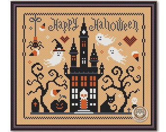 May include: Cross-stitch design with a Halloween theme. The image features a black haunted house, ghosts, a black cat, and the words "Happy Halloween." The color palette includes black, orange, white, and tan, creating a spooky and festive atmosphere.