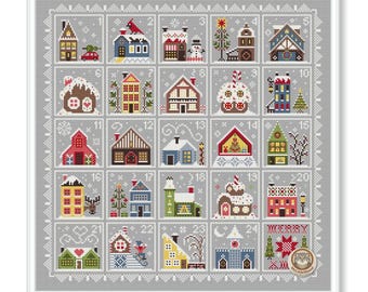 May include: A cross-stitch pattern featuring a Christmas advent calendar with 24 numbered houses in various colors. Each house has unique details like snow, trees, and festive decorations. The design is framed with a gray border.
