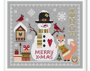 May include: Cross-stitch design featuring a snowman with a black hat, scarf, and a heart on its chest. A fox in a green sweater stands beside the snowman. The words "MERRY X*MAS" are below the snowman. A birdhouse and two red birds are also in the design.