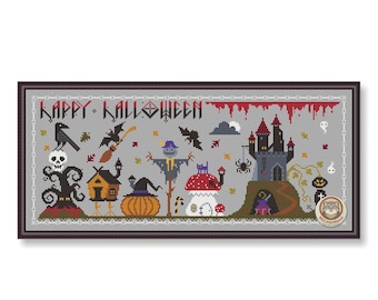 May include: Cross-stitch design featuring a Halloween scene with a crow, bats, a skull, a scarecrow, a pumpkin, a witch's hat, a haunted house, and a castle. The words "Happy Halloween" are at the top. The color palette includes gray, black, orange, and red.