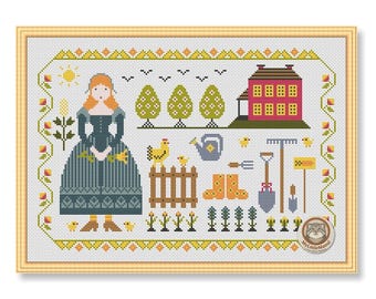 May include: Cross-stitch design featuring a woman in a blue dress, a red house, and various gardening tools. The artwork includes a yellow sun, trees, chickens, and a decorative border. The overall theme is a pastoral scene.