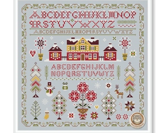 May include: Cross-stitch pattern with a winter theme. The design features houses, trees, snowflakes, and a snowman, all in red, yellow, and green on a light blue background. The pattern includes the alphabet.