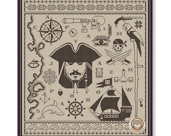 May include: Cross-stitch artwork featuring a pirate theme. The design includes a pirate captain, ship, treasure chest, compass, parrot, and other nautical elements. The color palette is primarily brown and beige, with a dark brown frame.