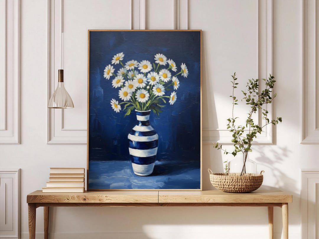 Daisy Wall Art Flower Painting Navy Blue Striped Vase Print Floral ...