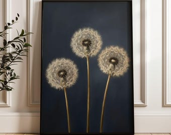 Dandelion Wall Art Navy Blue Botanical Dark Moody Bedroom Decor Print (Digital Download)