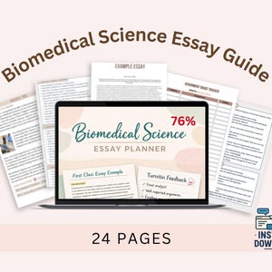 May include: A laptop displays a "Biomedical Science Essay Planner" with a 76% graphic. Surrounding the laptop are several pages of notes and documents. The text "Biomedical Science Essay Guide" is arched above the laptop. The image also includes the text "24 PAGES" and "INSTANT DOWNLOAD".