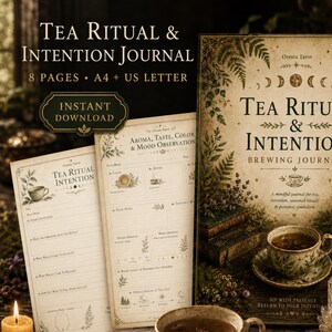 Peut inclure: Un journal de rituel de thé et d'intention avec des pages pour l'arôme, le goût, la couleur et l'observation de l'humeur. La couverture présente des illustrations botaniques, des phases lunaires et du texte. Inclut une tasse, une bougie.