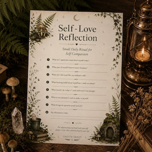 May include: A rectangular paper sheet titled Self-Love Reflection featuring a list of eight numbered prompts for self-compassion. The design includes botanical illustrations of ferns, mushrooms, and vines, with a small stone archway and text at the bottom.
