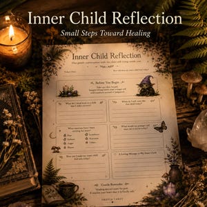 Pode incluir: Uma folha de papel bege intitulada Inner Child Reflection com sugestões para autorreflexão. A página apresenta ilustrações botânicas, uma pequena criatura com um chapéu roxo e seções para escrever. Inclui textos como Before You Begin, What emotions have I been carrying for years e A Loving Message to My Inner Child.
